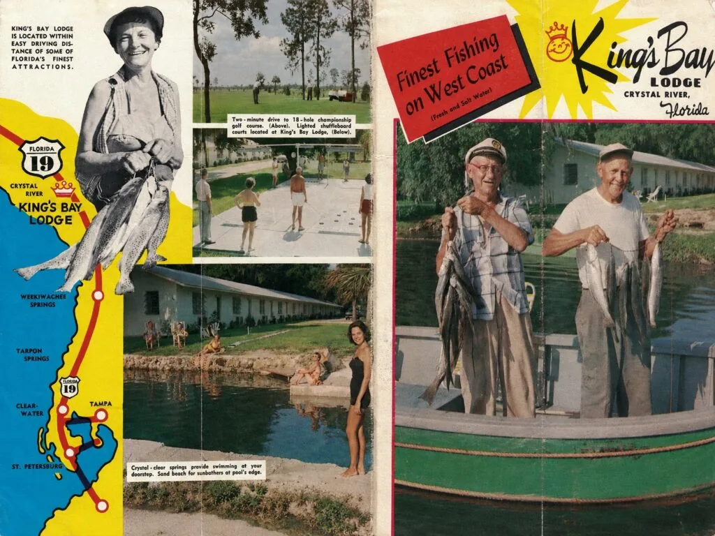 Retro color travel brochure for King’s Bay Lodge, showing a coastal Florida map, guests playing shuffleboard, and fishermen holding up their catch.