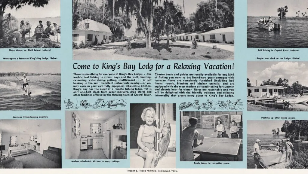 Vintage black-and-white travel brochure page for King's Bay Lodge, featuring photo collages of fishing, water-skiing, and guest cottages.